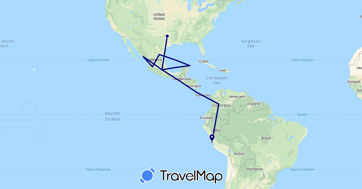 TravelMap itinerary: driving in Colombia, Costa Rica, Mexico, Peru, United States (North America, South America)